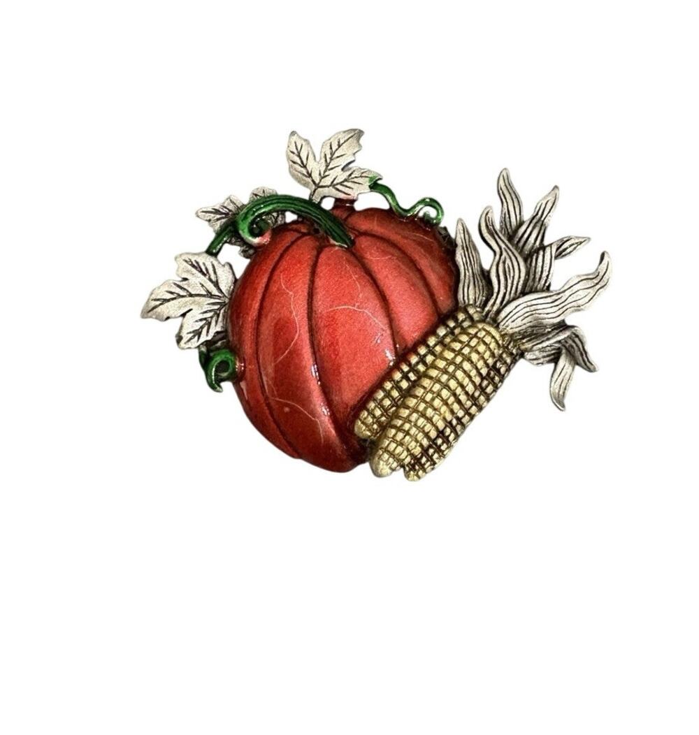 "JJ" Jonette Jewelry Silver Pewter AUTUMN 'Pumpkin & Ear of Corn' Pin brooch